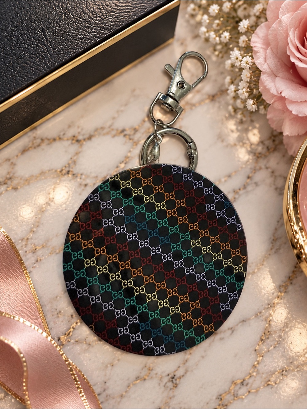 Multicolor Monogram Acrylic Bag Charm Keychain | Silver Tone